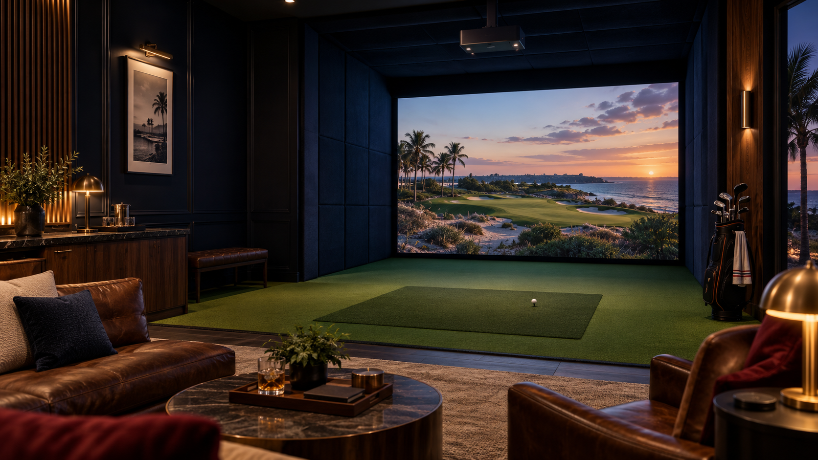 Private luxury indoor golf simulator overlooking a coastal course